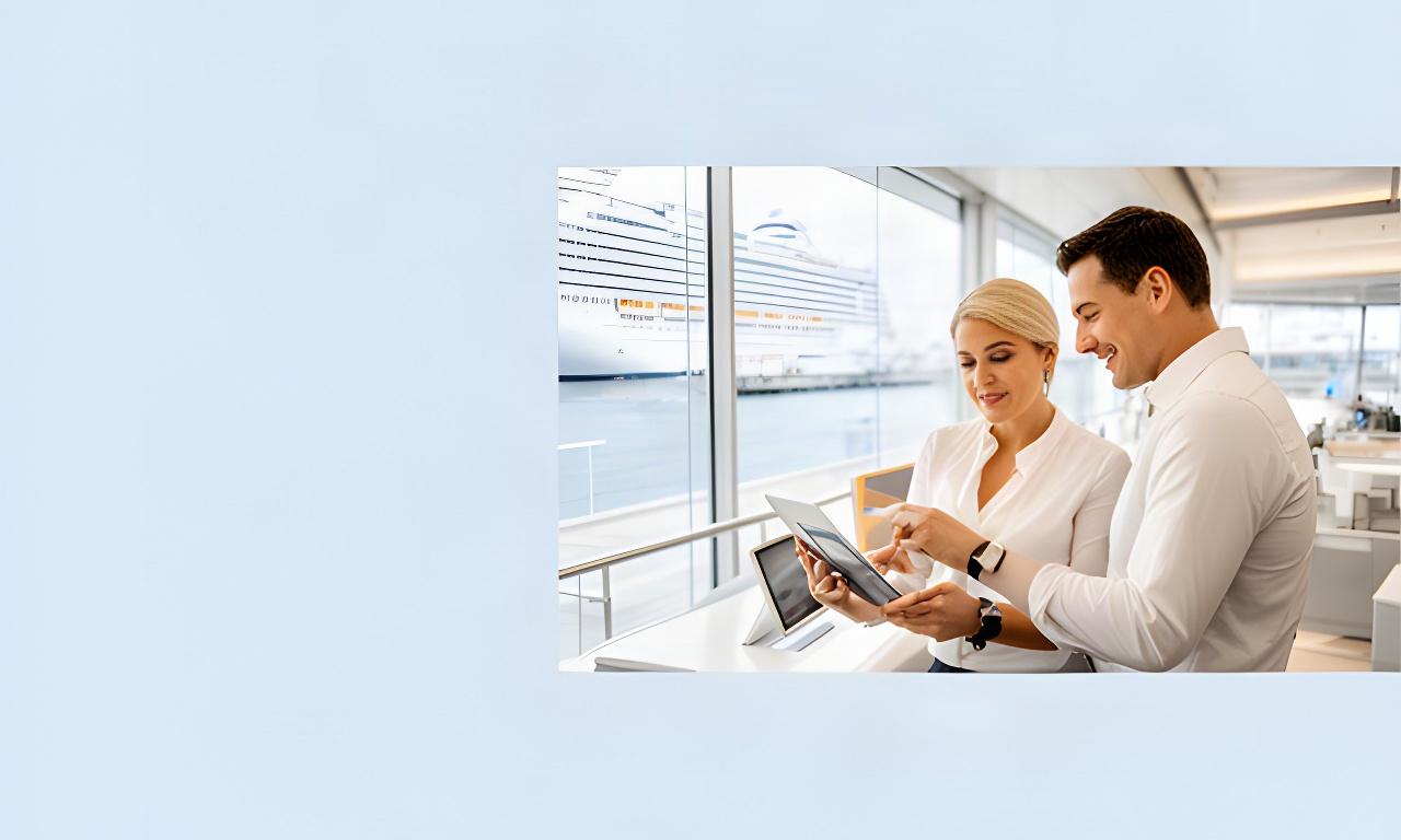 Mitarbeitende eines Kreuzfahrtunternehmens prüfen digitale Check-in-Prozesse an einem hellen Hafenterminal