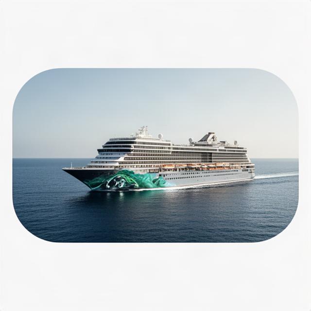 Modernes Kreuzfahrtschiff bei ruhiger See mit klar sichtbaren Decks und umweltbewusster Technik