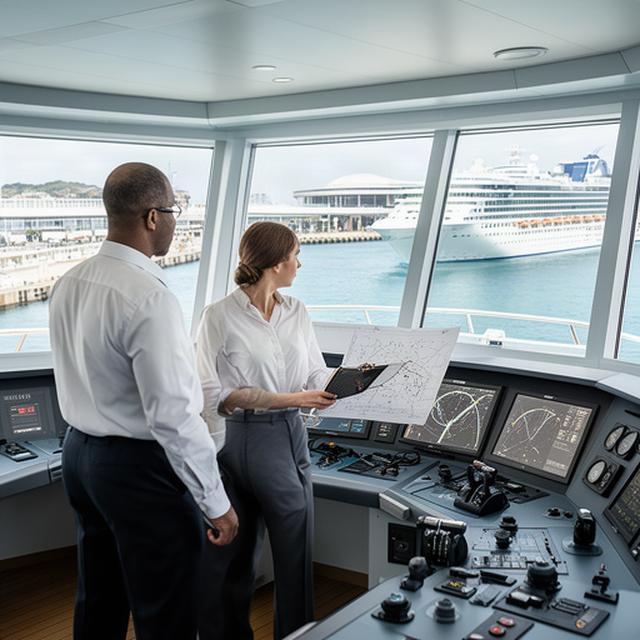 Operations-Team auf der Brücke eines Kreuzfahrtschiffs mit Hafen und Fahrplan im Hintergrund